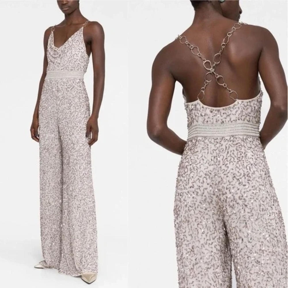 ALICE AND OLIVIA Riska Embellished Cowl Neck Chain Crepe Jumpsuit dove 10